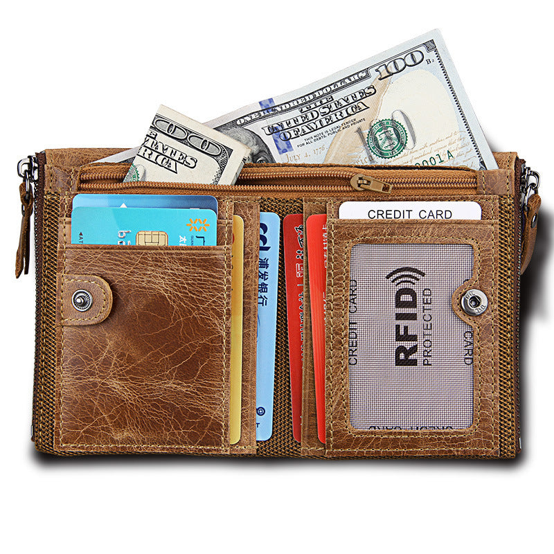 Wholesale Crazy Horse Cowhide Leather Wallet Double Zipper Coin Purse